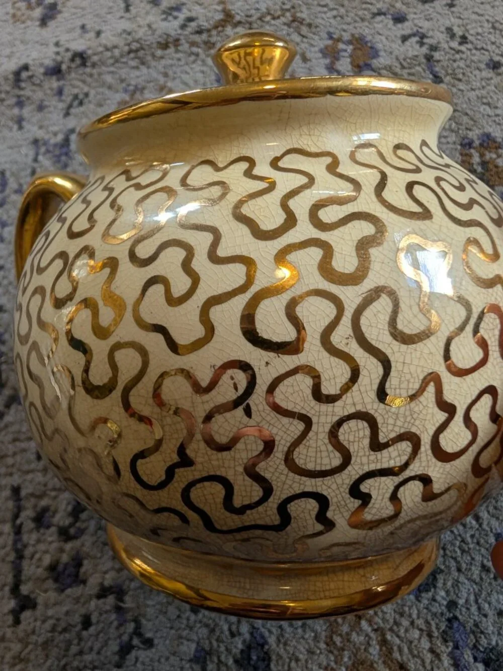 Vintage Sadler Tea Pot Made in England Numbered Gold Squiggles on Cream Crazing